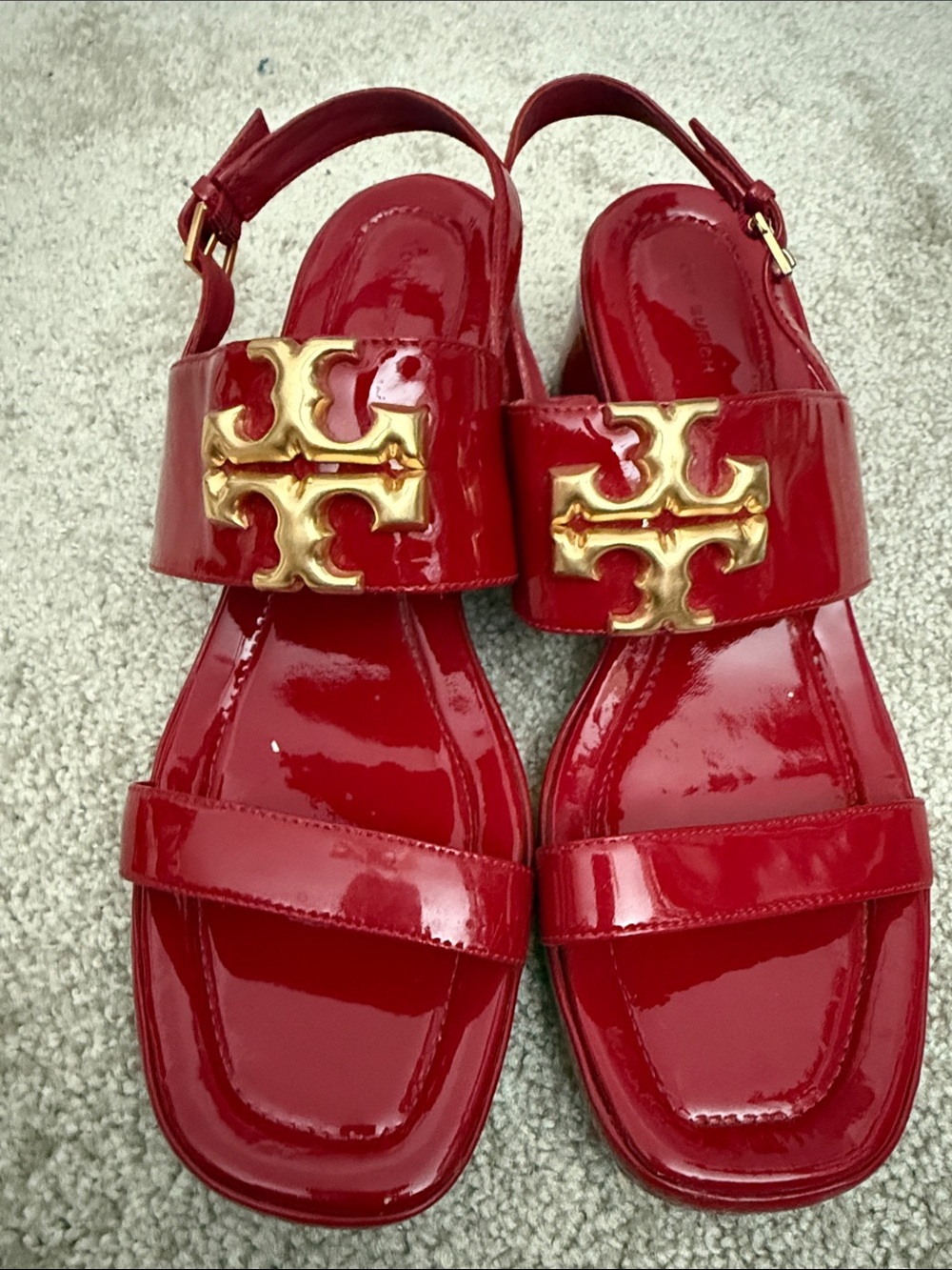 Tory Burch Red Patent Slingback Sandals with Gold Logo